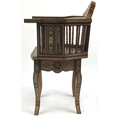 2024 - Good Moorish design elbow chair, with geometric parquetry inlay, probably Syrian, 88cm high