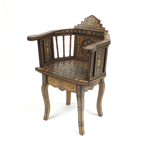 2024 - Good Moorish design elbow chair, with geometric parquetry inlay, probably Syrian, 88cm high