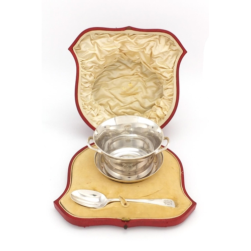 2469 - Victorian silver three piece Christening set, by Mappin & Webb London 1901, housed in tooled leather... 