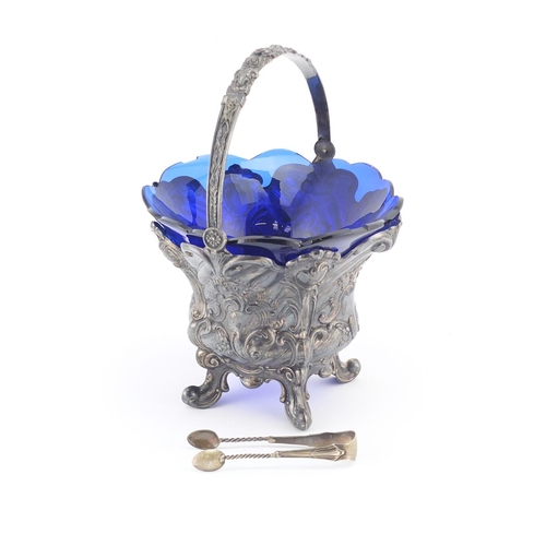 2502 - French silver basket embossed with flowers, with swing handle and blue glass liner, indistinct impre... 
