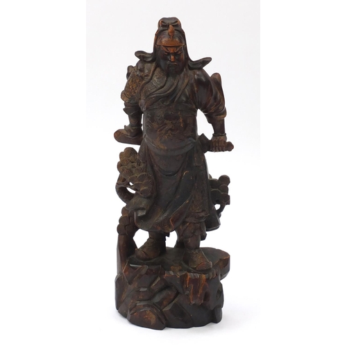 2064 - Large Chinese hardwood carving of a warrior wearing a robe, depicting a dragon amongst clouds chasin... 