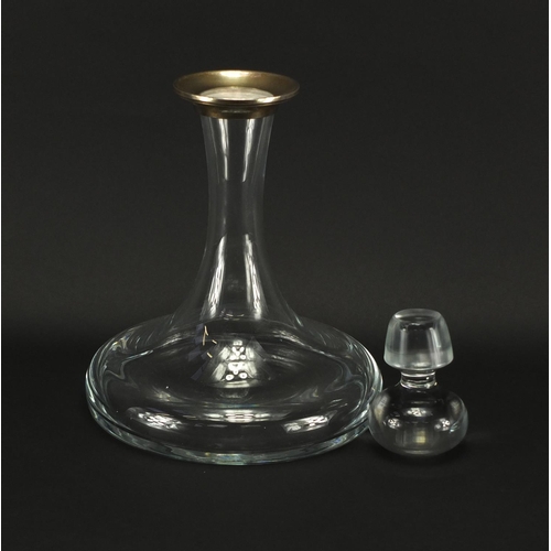 2106 - Cut glass ships decanter with silver collar, Birmingham hallmarks, 27.5cm high