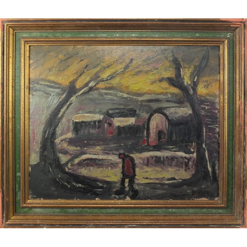 2092 - Winter night scene with figure walking, oil on canvas board, bearing a signature possibly Tholae Maj... 