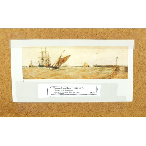 2093 - Thomas Bush Hardy - Prison Hulk by a jetty, 19th century watercolour, label verso, mounted and frame... 