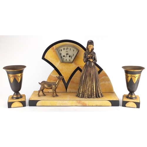 2105 - Art Deco black slate and marble mantel clock with garniture vases, the mantel clock mounted with a f... 