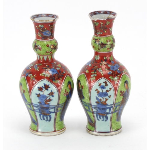 330 - Pair of Chinese porcelain vases, hand painted with panels of figures and flowers, Kangxi leaf mark t... 