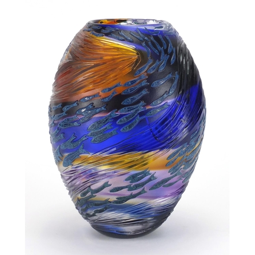 2110 - Helen Millard cameo glass vase of ovoid form, titled 'Fish Swirl', etched Helen Millard 2006 to the ... 
