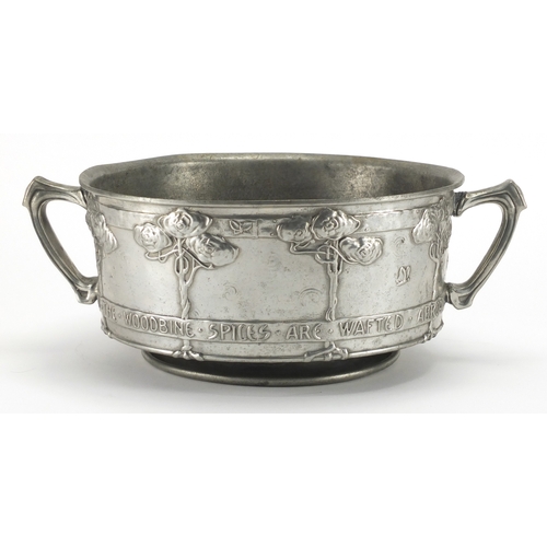 2112 - Arts & Crafts Liberty & Co Tudric pewter Woodbine Spices bowl with twin handles, designed by David V... 