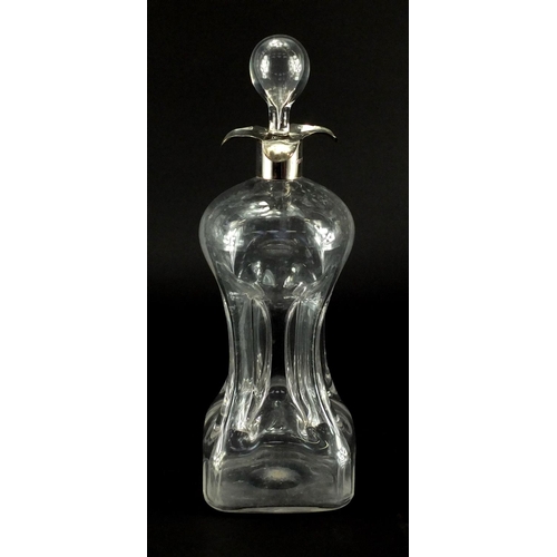 2128 - Victorian hourglass decanter with silver collar, indistinct makers mark, Sheffield 1897, 31cm high