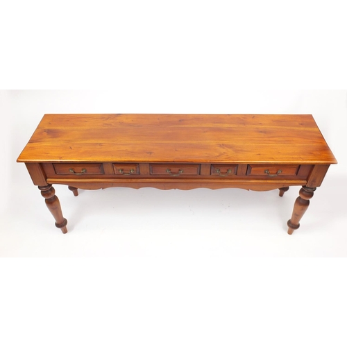25 - Pine console table fitted with five drawers, 75cm H x 180cm W x 49cm D