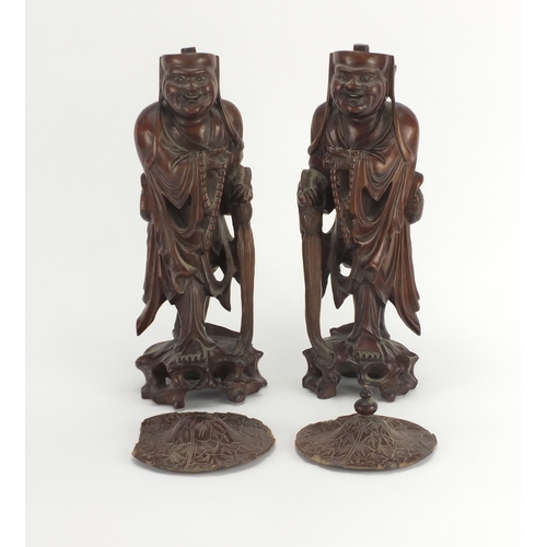 2273 - Pair of Chinese root carvings of elders wearing hats, the largest 34cm high