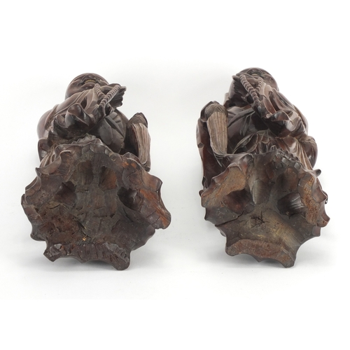 2273 - Pair of Chinese root carvings of elders wearing hats, the largest 34cm high