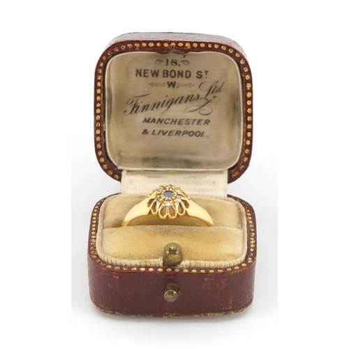 2630 - 18ct gold sapphire and diamond ring, housed in a Finnigans tooled leather box, size P, approximate w... 