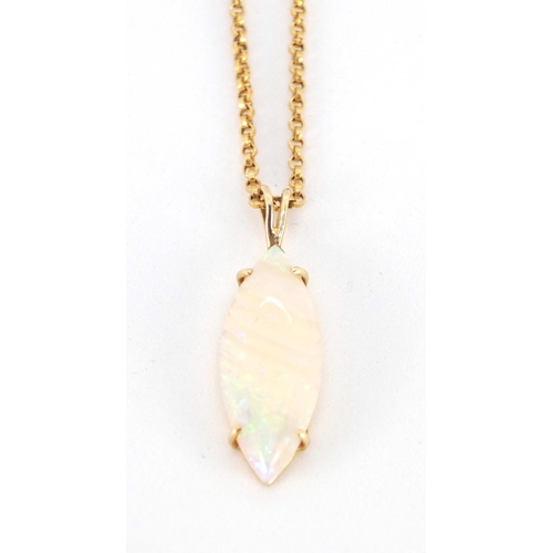 2610 - 9ct gold opal pendant on a 9ct gold necklace, the pendant 1.5cm in length, approximate weight 2.8g