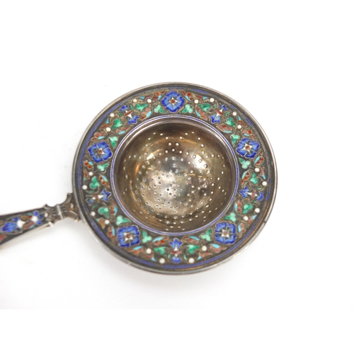 2478 - Silver and Champlevé enamel tea straining spoon, by David Andersen, 11.5cm in length, approximate we... 