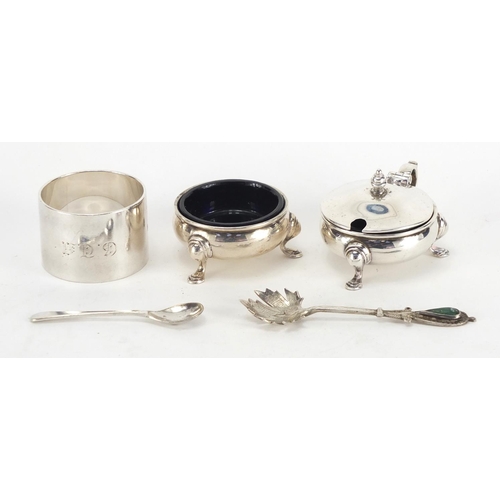 2497 - Silver objects including Elkington & Co mustard and salt, napkin ring and two white metal spoons, ap... 