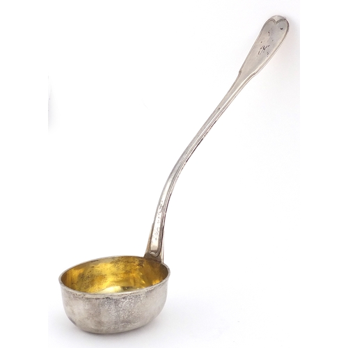2504 - Antique silver ladle, the bowl with gilt interior, J H S makers mark, 37cm in length, approximate we... 