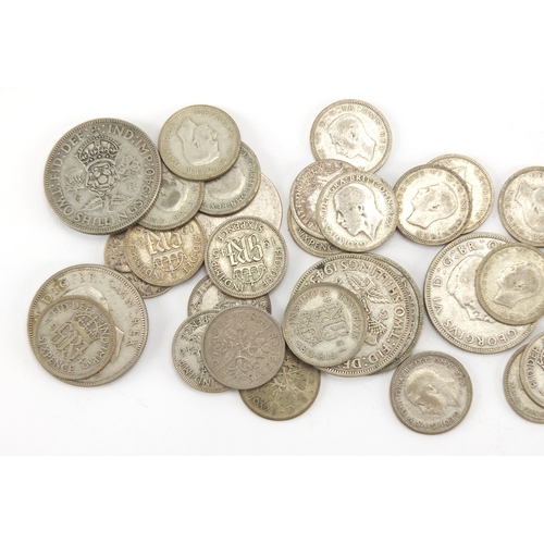 2590 - Mostly British pre decimal pre 1947 coins including two shillings and six pence's, approximate weigh... 