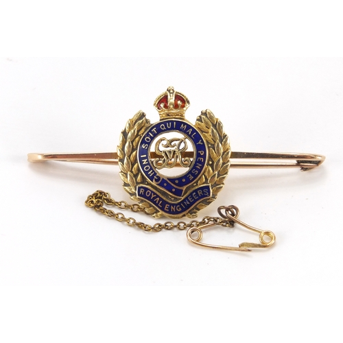 2640 - Military interest 15ct gold and enamel Royal Engineers brooch, 5.1cm wide, approximate weight 5.3g