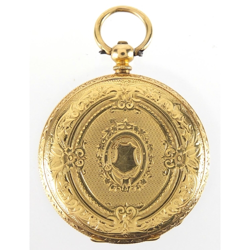 2644 - Ladies 18ct gold J W Benson pocket watch with silvered dial, 3.7cm in diameter