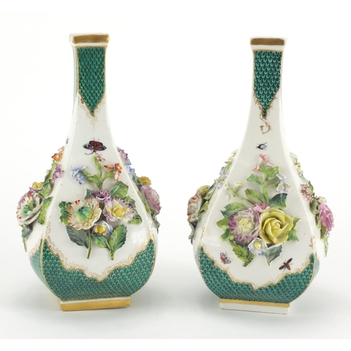 2141 - Pair of 19th century continental floral encrusted vases, each hand painted with insects, each 21cm h... 