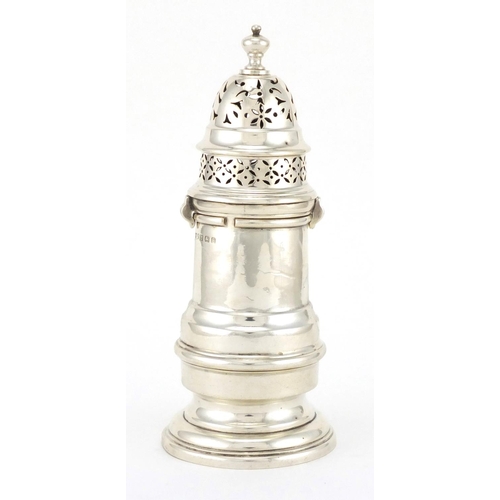 2465 - Silver baluster shaped castor with bayonet lid, by Mappin & Webb, Birmingham 1929, 16.5cm high, appr... 