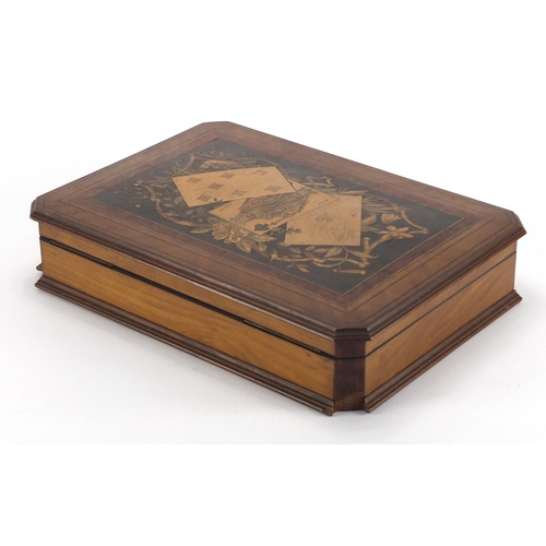 2181 - Italian Sorrento games box, the hinged lid inlaid with amboyna and ebony decorated with paying cards... 
