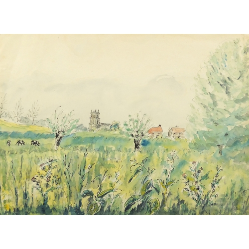 2201 - After Paul Maze - Landscape with a Cathedral in the distance, ink and watercolour, mounted and frame... 