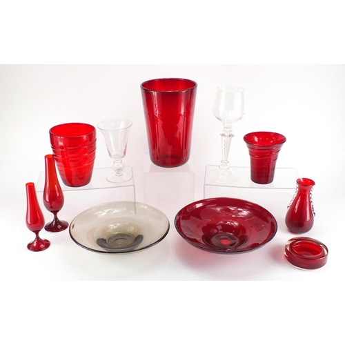 2226 - ** WITHDRAWN ** Whitefriars glassware including two goblets, lotus flower bowl and wavy ribbed trail... 