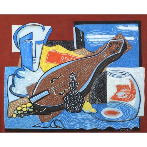2239 - Surreal abstract composition, gouache, bearing an indistinct signature possibly Metsiger, framed, 43... 