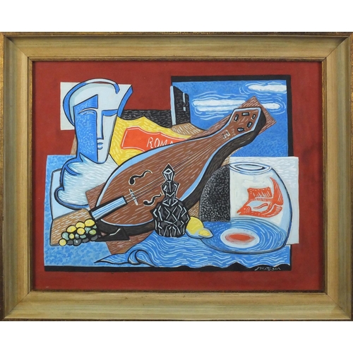 2239 - Surreal abstract composition, gouache, bearing an indistinct signature possibly Metsiger, framed, 43... 