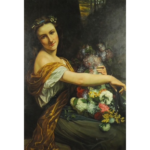 2267 - Portrait of a female with flowers, Pre-Raphaelite style oil on board, bearing an indistinct signatur... 