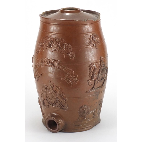 2233 - 19th century salt glazed barrel with applied crests, 37cm high