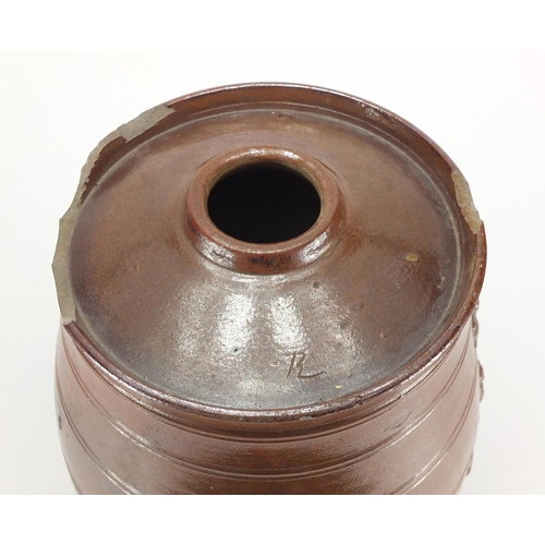 2233 - 19th century salt glazed barrel with applied crests, 37cm high