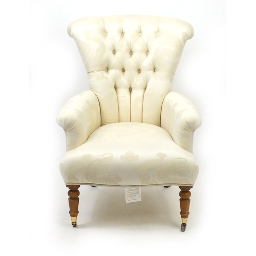 2013 - Button back bedroom chair with cream dragon design upholstery, 98cm high