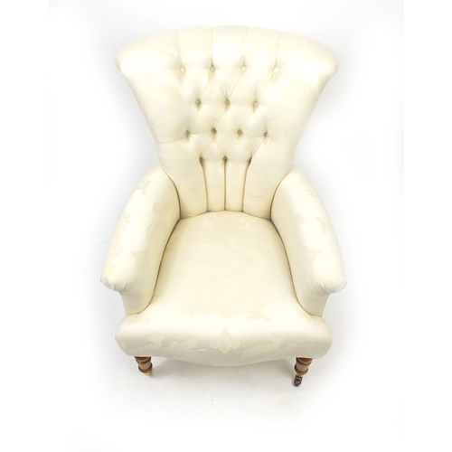 2013 - Button back bedroom chair with cream dragon design upholstery, 98cm high