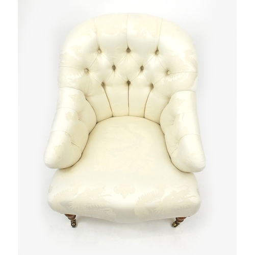 2014 - Button back bedroom chair with cream dragon design upholstery, 80cm high