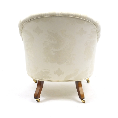 2014 - Button back bedroom chair with cream dragon design upholstery, 80cm high