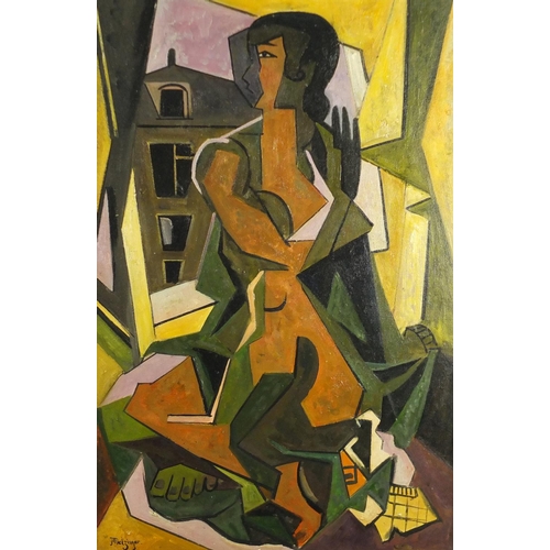 41 - Abstract composition, cubist figure, French impressionist oil on board bearing a signature Melzinger... 