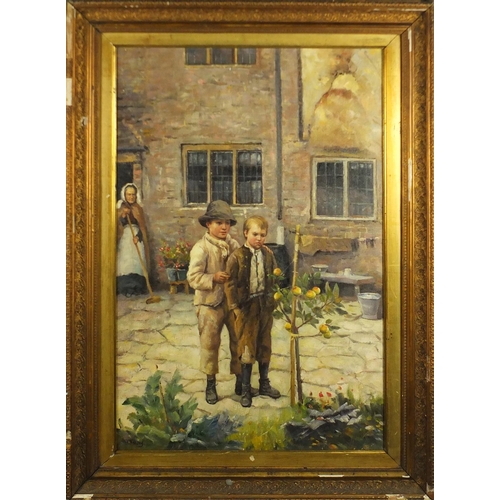 44 - Manner of Harold Harvey - Two young boys, Newlyn school oil on board, mounted and framed, 74cm x 50c... 