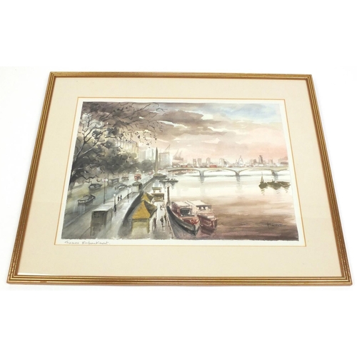 43 - Thames Embankment, watercolour, bearing a signature Rennie, mounted and framed, 38cm x 28cm