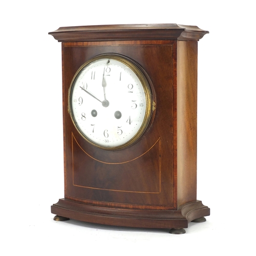 2167 - Inlaid mahogany chiming mantel clock, with enamelled dial, Arabic numerals and French movement numbe... 