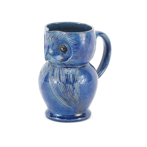 2288A - Blue glazed pottery owl, probably Farnham pottery, 13.5cm high