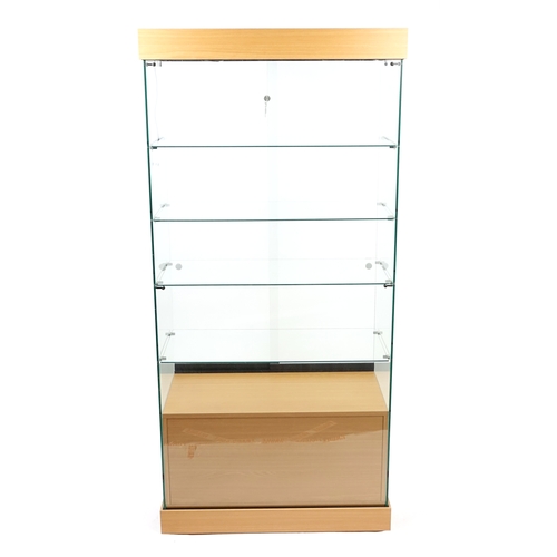 2027 - Modern light wood and glass display cabinet, 191cm H x 90.5cm W x 46.5cm D