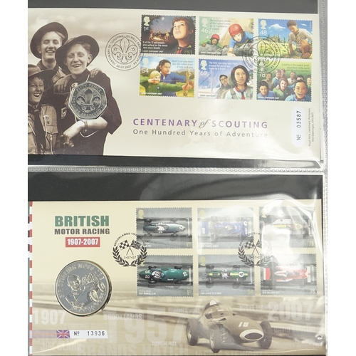 2576 - Commemorative Royal Mint first day covers, some with coins arranged in four albums including five po... 