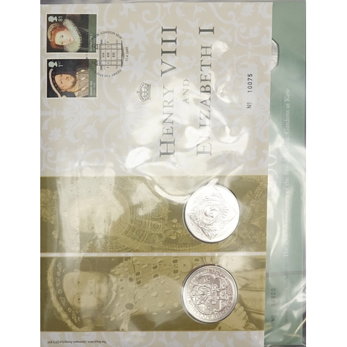 2574 - Commemorative Royal Mint first day covers, some with coins including five pounds, two pounds and fif... 