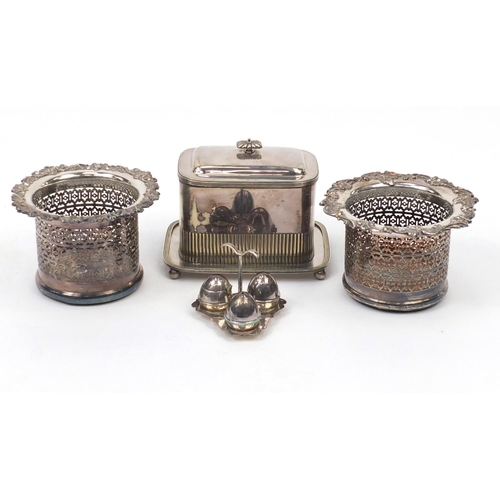 474 - Silver plated items, pair of wine coasters, biscuit barrel and cruet on stand