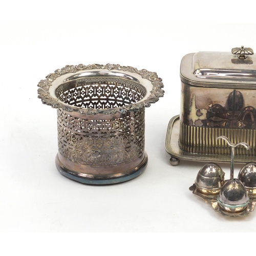 474 - Silver plated items, pair of wine coasters, biscuit barrel and cruet on stand