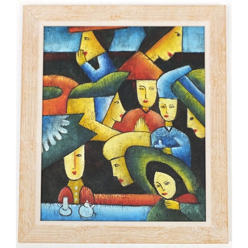 54 - Abstract composition, group of figures, oil on board, South Down Fine Arts Gallery label verso, fram... 