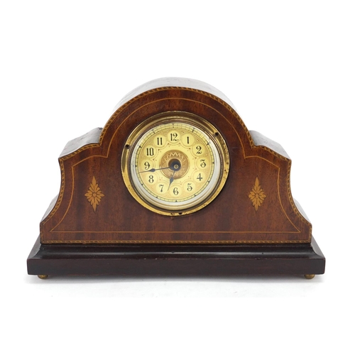 128 - Inlaid mahogany mantel clock, with ornate gilt dial, 26cm wide